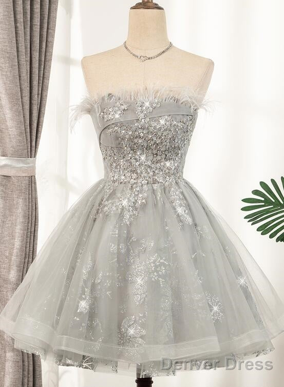 Lovely Grey Tulle With Shiny Lace Short Party Dress Homecoming Dress, Cute Prom Dress Main image