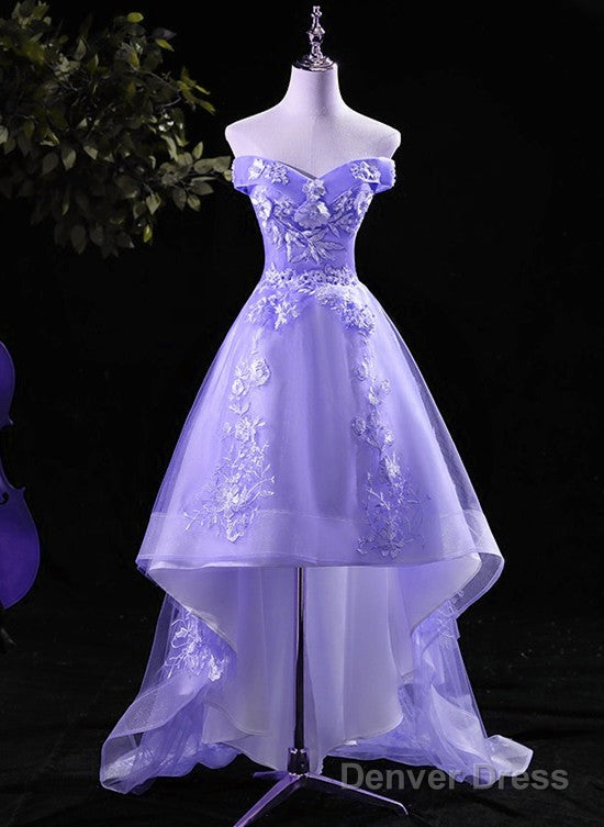 Lovely High Low Tulle Lace Applique Party Dress, Off Shoulder Homecoming Dresses Secondary image