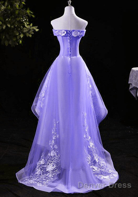 Lovely High Low Tulle Lace Applique Prom Dress, Off Shoulder Homecoming Dresses
