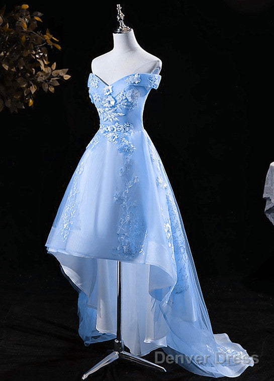 Lovely High Low Tulle Lace Applique Party Dress, Off Shoulder Homecoming Dresses Main image