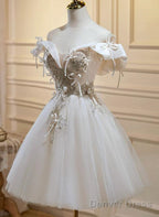 Lovely Ivory Tulle Off Shoulder Prom Dress, Ivory Graduation Dress Homecoming Dresses