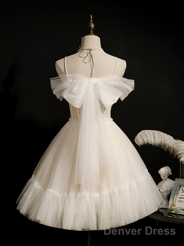 Lovely Ivory Tulle Straps Sweetheart Homecoming Dress With Bow, Short Prom Dress Party Dress