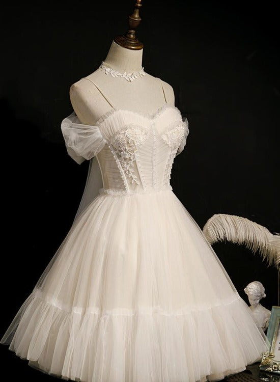 Lovely Ivory Tulle Straps Sweetheart Homecoming Dress With Bow, Short Prom Dress