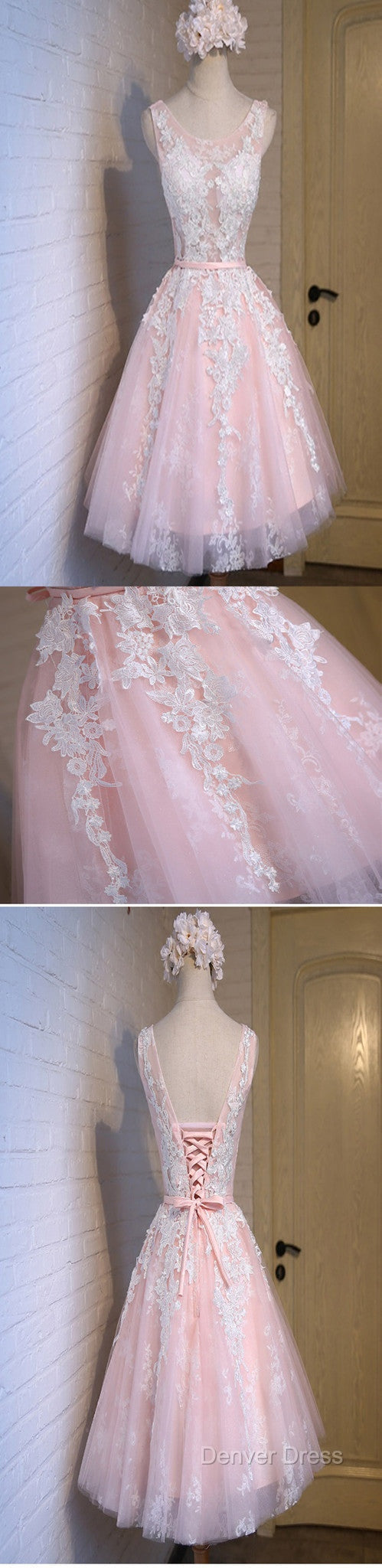 Lovely Junior Pink White Lace Appliques Lace Up Back Sleeveless Homecoming Dresses Secondary image