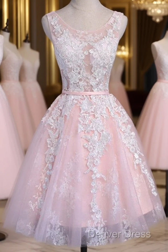 Lovely Junior Pink White Lace Appliques Lace Up Back Sleeveless Homecoming Dresses Main image