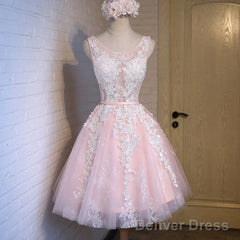 Lovely Junior Pink White Lace Appliques Lace Up Back Sleeveless Homecoming Dress