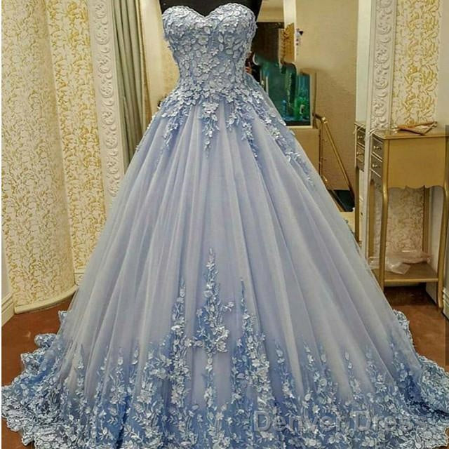 Lovely Lace Appliques Sweetheart Light Blue Ball Gown Wedding Dresses
