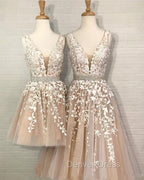Lovely Lace Embroidery Beaded V-Neck Tulle Homecoming Dresses