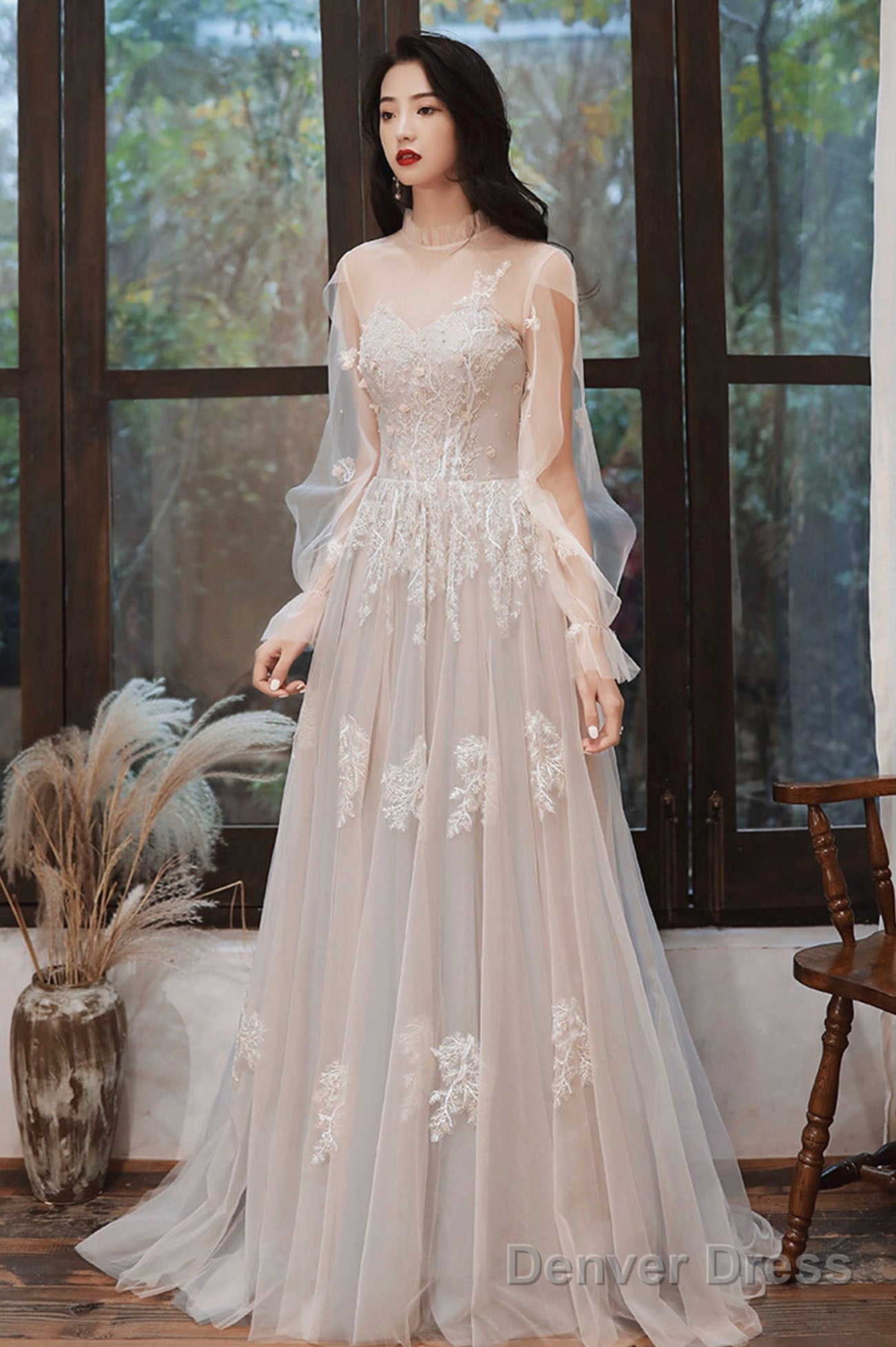 Lovely Lace Long A-Line Formal Dress, Long Sleeve Evening Dress Secondary image