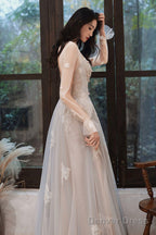 Lovely Lace Long A-Line Formal Dress, Long Sleeve Evening Dress