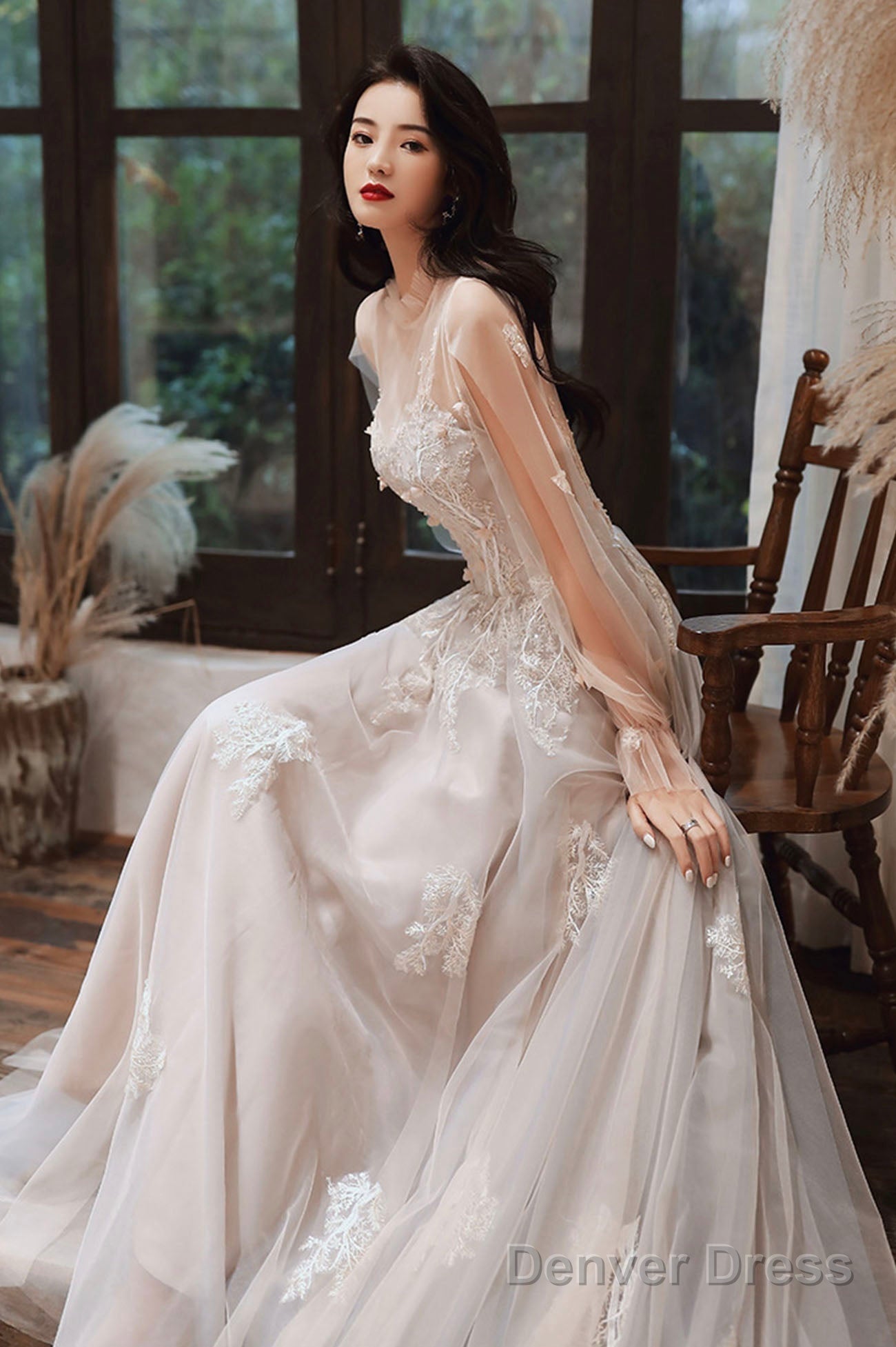 Lovely Lace Long A Line Prom Dress, Long Sleeve Prom Dresses