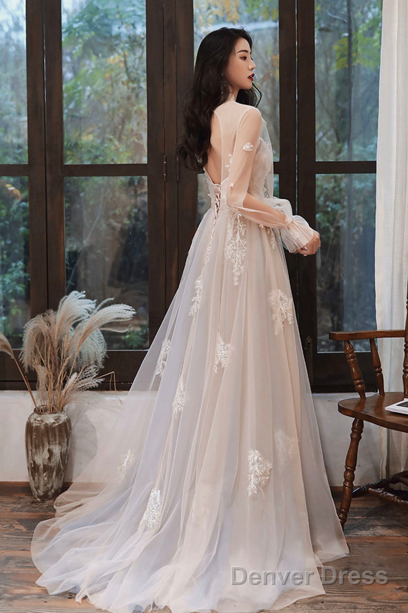 Lovely Lace Long A Line Prom Dress, Long Sleeve Prom Dresses