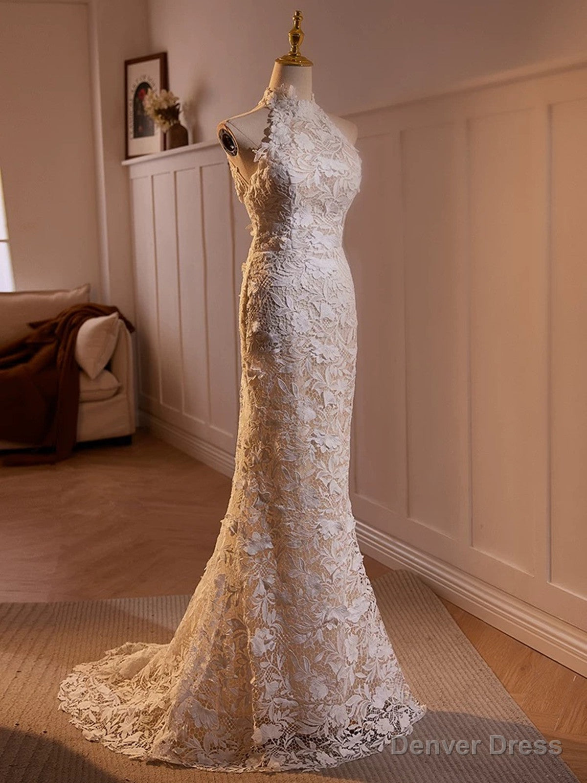 Lovely Lace Mermaid Halter Open Back Wedding Party Dress, Lace Long Formal Dress Secondary image