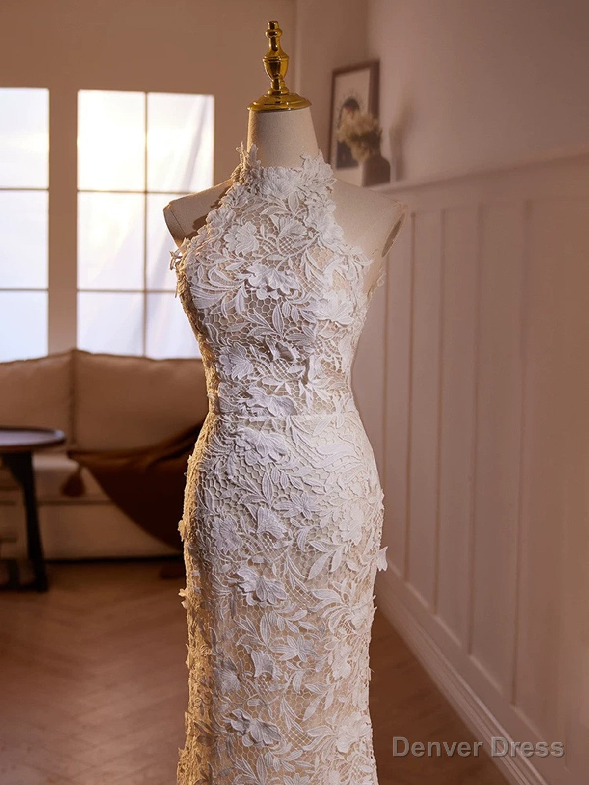 Lovely Lace Mermaid Halter Open Back Wedding Prom Dress, Lace Long Prom Dresses