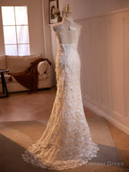 Lovely Lace Mermaid Halter Open Back Wedding Prom Dress, Lace Long Prom Dresses