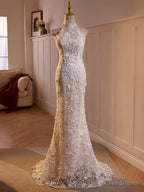 Lovely Lace Mermaid Halter Open Back Wedding Prom Dress, Lace Long Prom Dresses