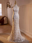 Lovely Lace Mermaid Halter Open Back Wedding Prom Dress, Lace Long Prom Dresses