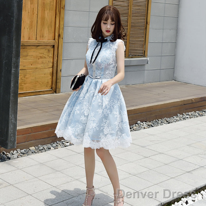 Lovely Lace Tulle Short High Neckline Homecoming Dress, Lace Short Party Dress Prom Dress Secondary image