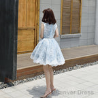 Lovely Lace Tulle Short High Neckline Homecoming Dress, Lace Short Prom Dress
