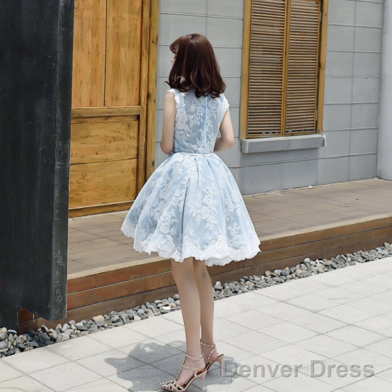 Lovely Lace Tulle Short High Neckline Homecoming Dress, Lace Short Prom Dress