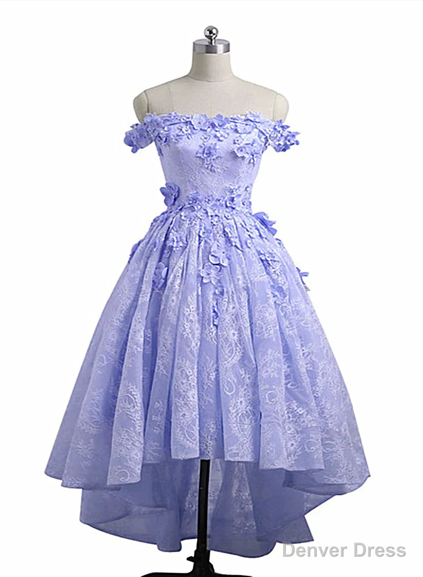 Lovely Lavender High Low Lace Prom Dress, Cute Off Shoulder Prom Dresses