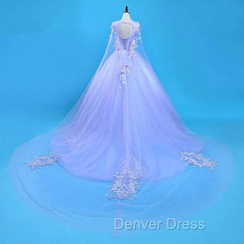Lovely Lavender Tulle Flower Lace Ball Gowns Prom Gowns, Lavender Sweet 16 Dresses