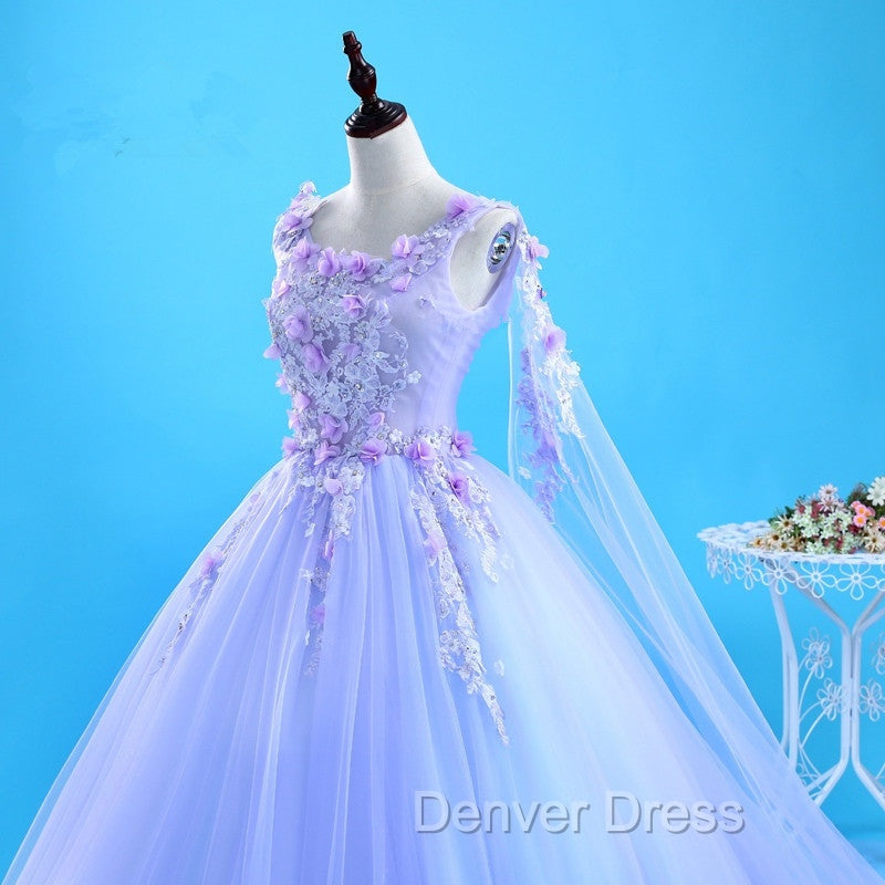 Lovely Lavender Tulle Flower Lace Ball Gowns Prom Gowns, Lavender Sweet 16 Dresses