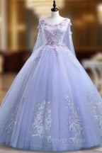 Lovely Lavender Tulle Flower Lace Ball Gowns Prom Gowns, Lavender Sweet 16 Dresses