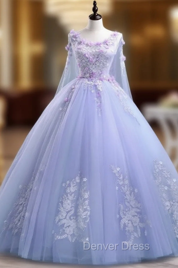 Lovely Lavender Tulle Flower Lace Ball Gowns Prom Gowns, Lavender Sweet 16 Dresses