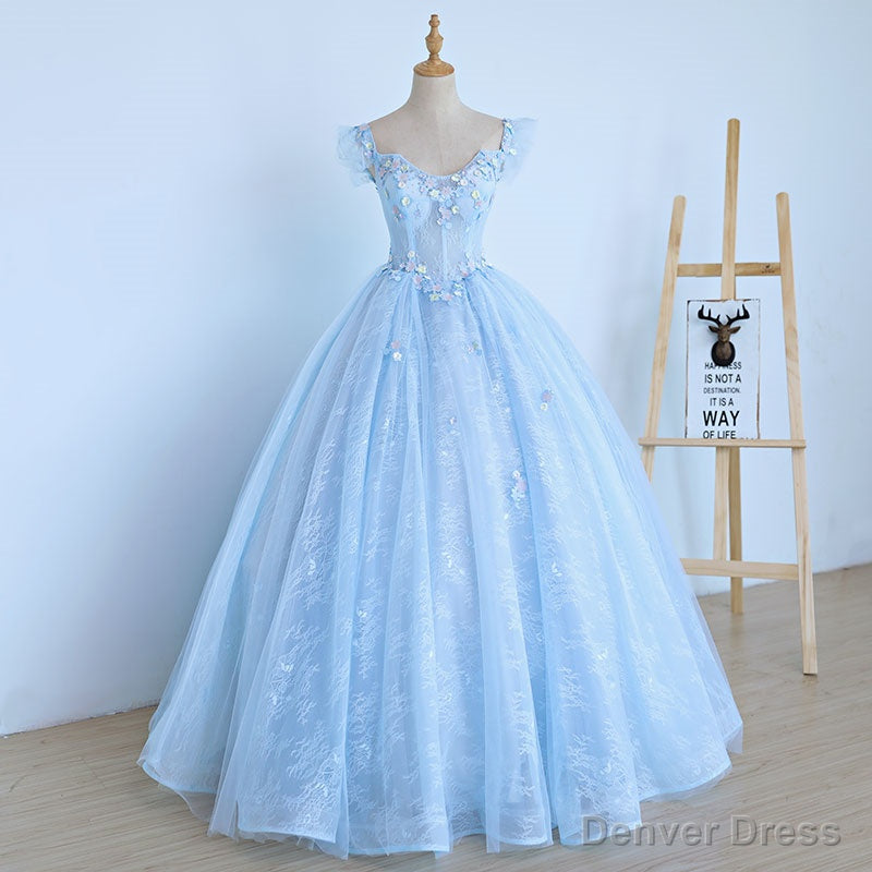 Lovely Light Blue Lace Cap Sleeve Sweet 16 Prom Dress, Evening Dress Main image