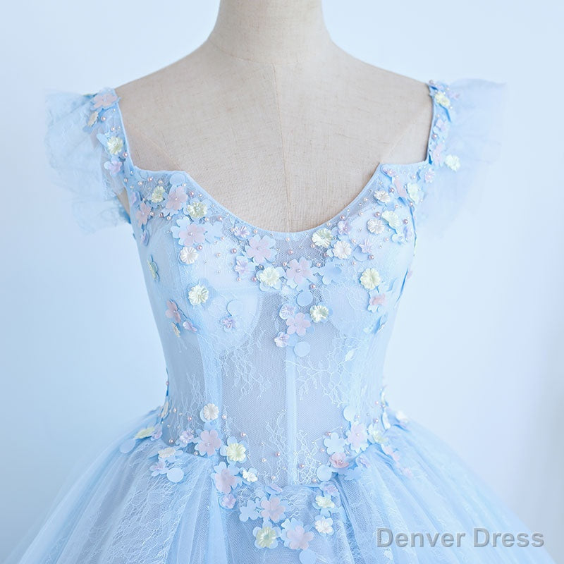 Lovely Light Blue Lace Cap Sleeve Sweet 16 Prom Dress