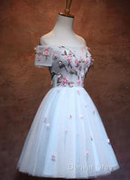 Lovely Light Blue Tulle Knee Length Homecoming Dress, Cute Floral Prom Dresses