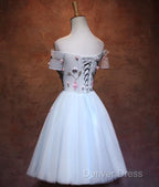 Lovely Light Blue Tulle Knee Length Homecoming Dress, Cute Floral Prom Dresses