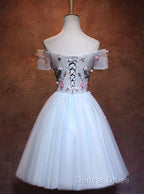 Lovely Light Blue Tulle Knee Length Homecoming Dress, Cute Floral Prom Dresses