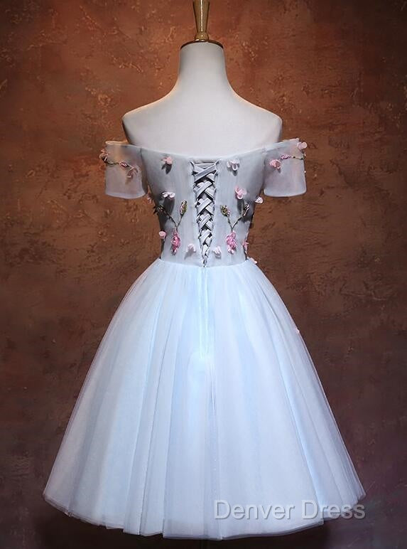 Lovely Light Blue Tulle Knee Length Homecoming Dress, Cute Floral Prom Dresses