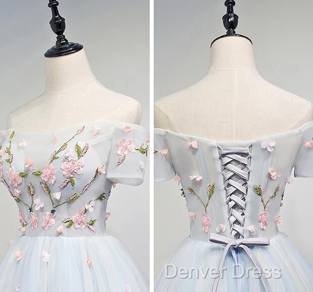 Lovely Light Blue Tulle Knee Length Homecoming Dress, Cute Floral Prom Dresses