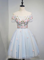 Lovely Light Blue Tulle Knee Length Homecoming Dress, Cute Floral Prom Dresses