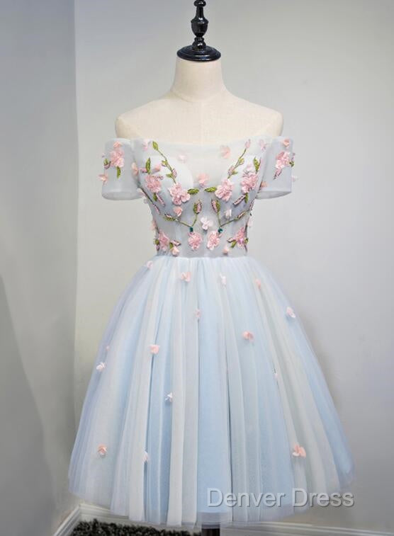 Lovely Light Blue Tulle Knee Length Homecoming Dress, Cute Floral Prom Dresses