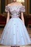 Lovely Light Blue Tulle Knee Length Homecoming Dress, Cute Floral Prom Dresses