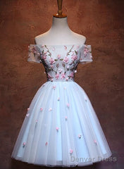 Lovely Light Blue Tulle Knee Length Homecoming Dress, Cute Floral Party Dress