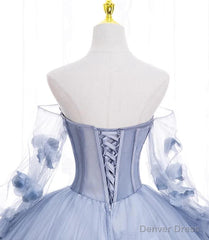 Lovely Light Blue Tulle Long Sleeves Sweet 16 Dress, Light Blue Flowers Formal Dress.