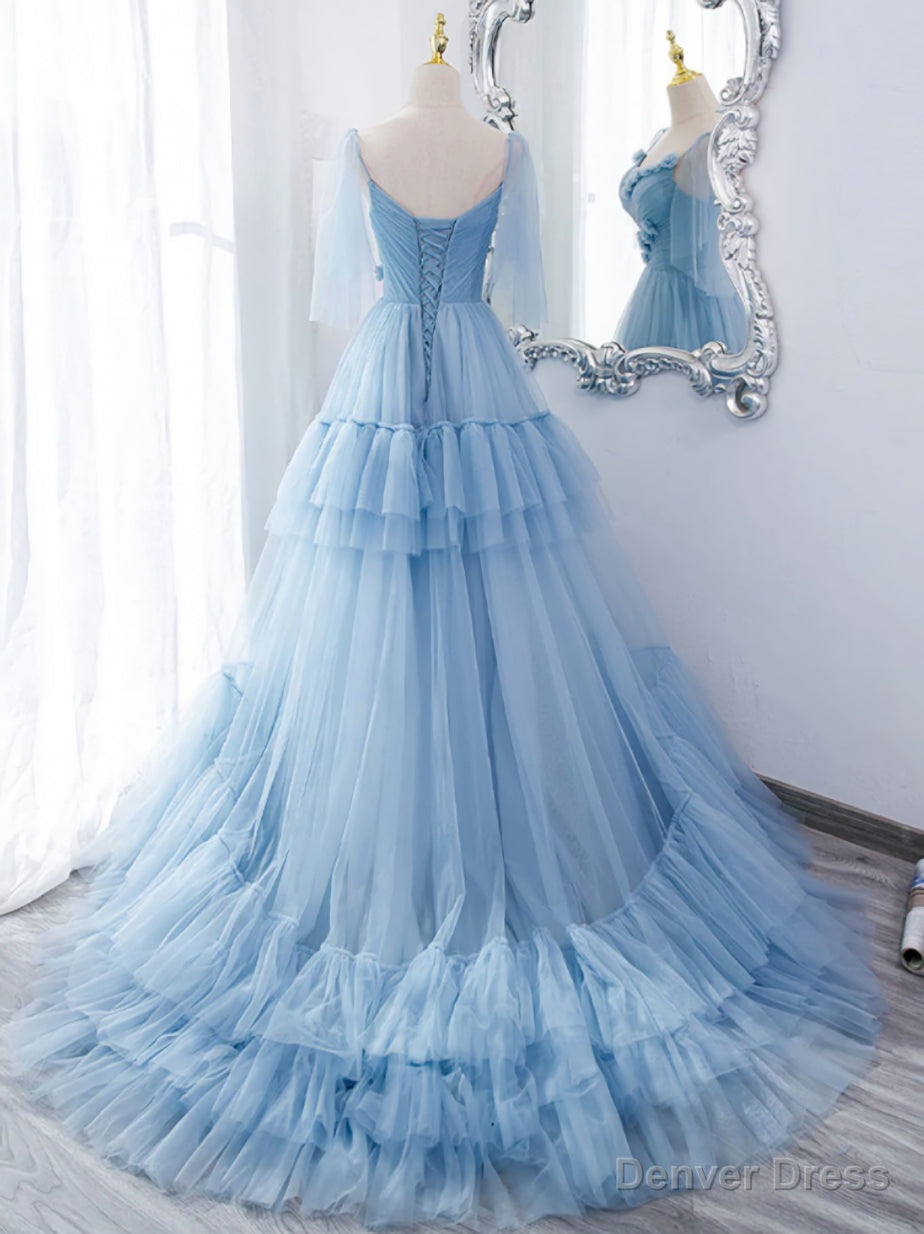 Lovely Light Blue Tulle with Straps Layers Long Prom Dress, Blue Prom Gowns Prom Dresses
