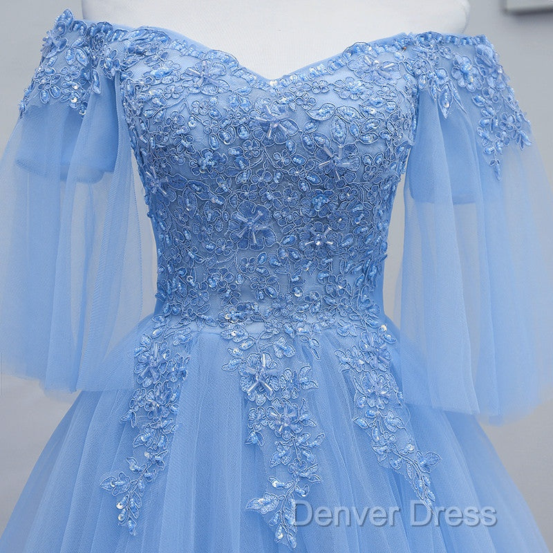 Lovely Light Blue With Lace Off Shoulder Short Prom Dresses, Blue Homecoming Dresses Secondary image