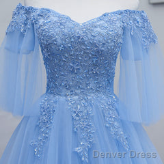 Lovely Light Blue With Lace Off Shoulder Short Prom Dress, Blue Homecoming Dresses