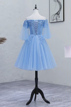 Lovely Light Blue With Lace Off Shoulder Short Prom Dresses, Blue Homecoming Dresses