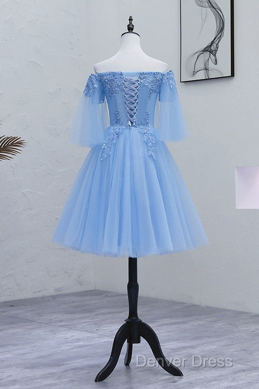 Lovely Light Blue With Lace Off Shoulder Short Prom Dresses, Blue Homecoming Dresses