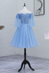 Lovely Light Blue With Lace Off Shoulder Short Prom Dress, Blue Homecoming Dresses