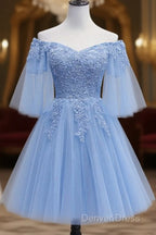 Lovely Light Blue With Lace Off Shoulder Short Prom Dresses, Blue Homecoming Dresses