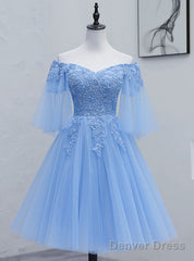 Lovely Light Blue With Lace Off Shoulder Short Prom Dress, Blue Homecoming Dresses
