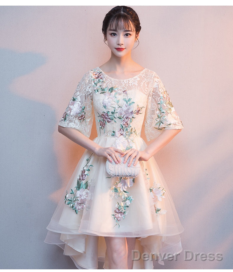 Lovely Light Champagne Tulle With Lace Applique Short Sleeves Party Dresses, High Low Homecoming Dresses